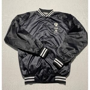 Cardinal Subrosa Black Satin Varsity Bomber Jacket SFFS Skull 1% Patch Mens S